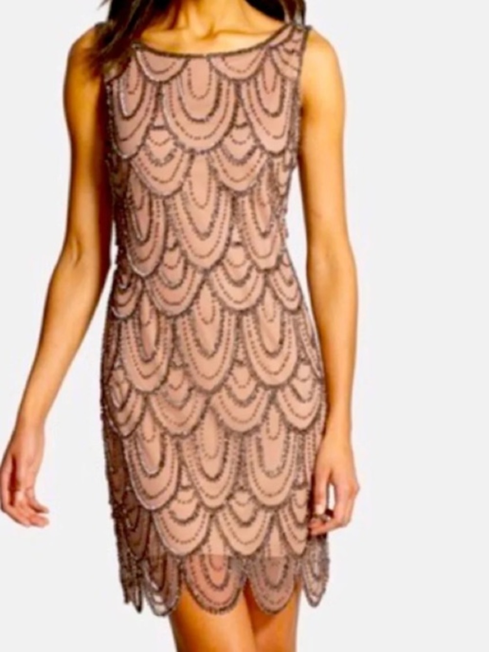 Pizarro Nights Blush Beaded Sleeveless Sequins Scallop Sheath Dress Womens 16 W